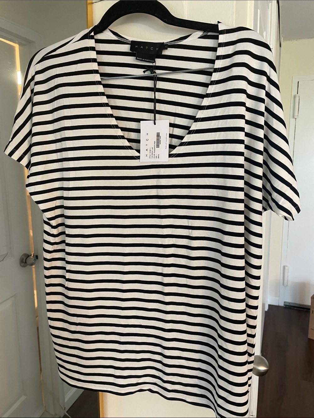 Hatch Black & White Striped V-Neck Short Sleeve Tee